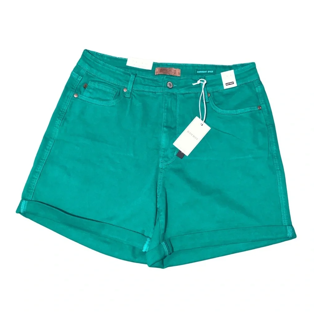 Judy Blue Green Jean Shorts with High-Waisted Cuffed Hem - Picture 1 of 3
